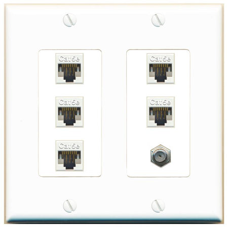RiteAV 5 Port Cat5e Ethernet and 1 x Coax Wall Plate - 2 Gang [White]