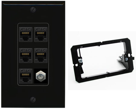RiteAV 5 Port Cat5e Ethernet and 1 x Coax Wall Plate - Bracket [Black/Black]