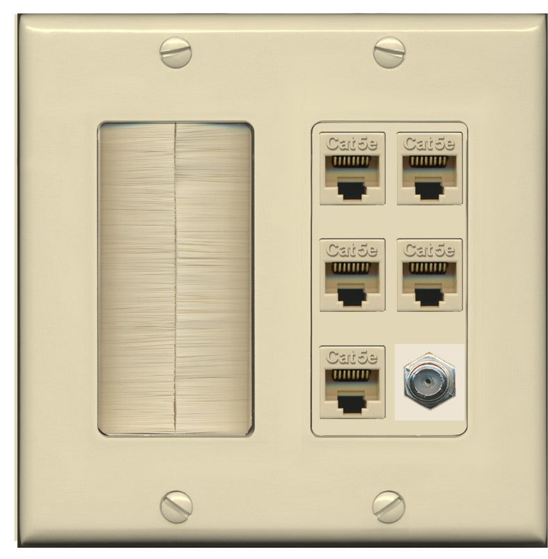 RiteAV 5 Port Cat5e Ethernet and 1 x Coax Wall Plate - Brush [Ivory/Ivory]