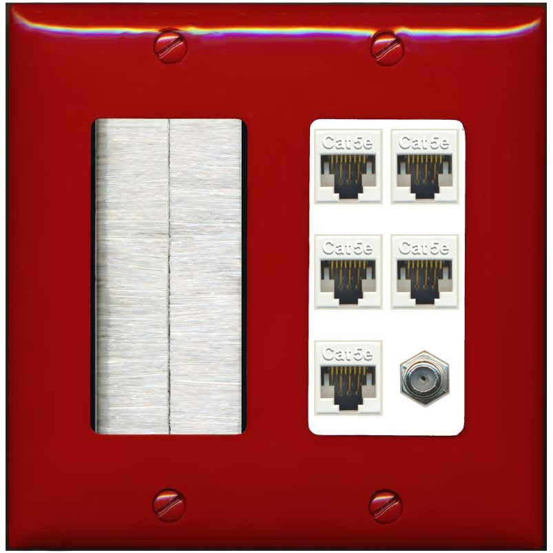RiteAV 5 Port Cat5e Ethernet and 1 x Coax Wall Plate - Brush [Red/White]