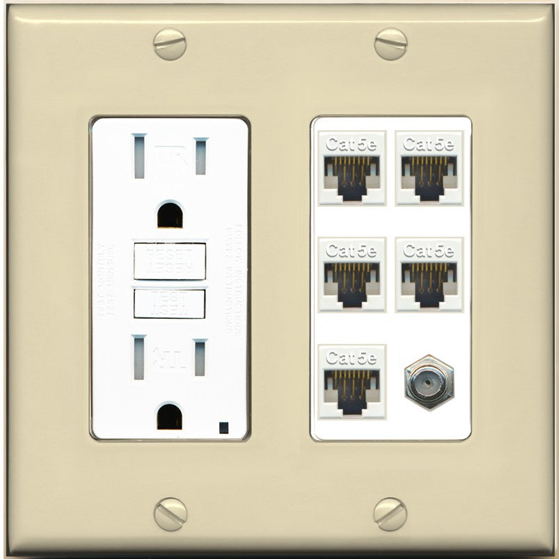 RiteAV 5 Port Cat5e Ethernet and 1 x Coax Wall Plate - GFCI Outlet [Ivory/White]