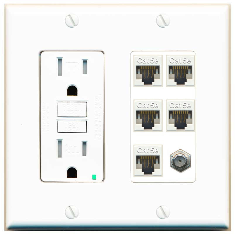 RiteAV 5 Port Cat5e Ethernet and 1 x Coax Wall Plate - GFCI Outlet [White]