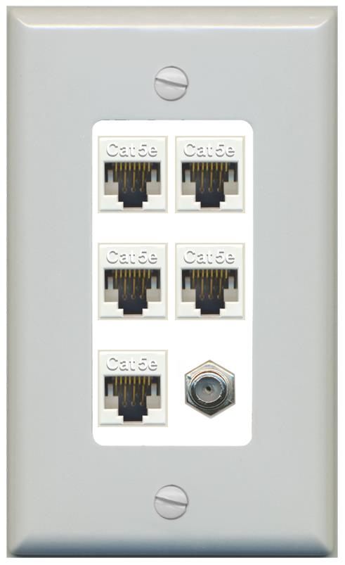 RiteAV 5 Port Cat5e Ethernet and 1 x Coax Wall Plate - 1 Gang [Gray/White]