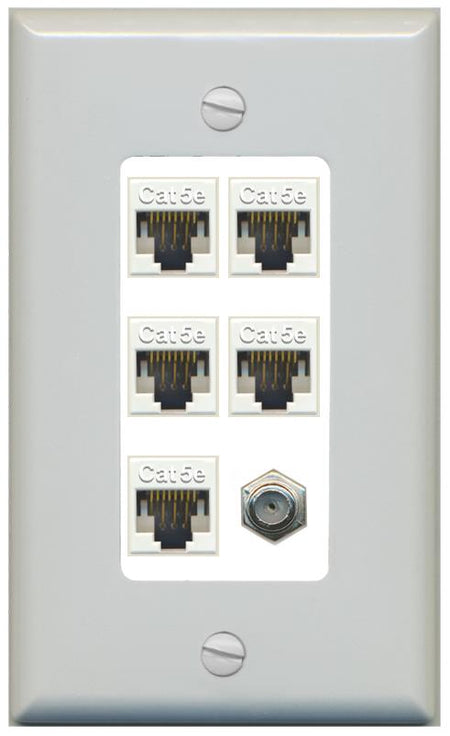 RiteAV 5 Port Cat5e Ethernet and 1 x Coax Wall Plate - 1 Gang [Gray/White]