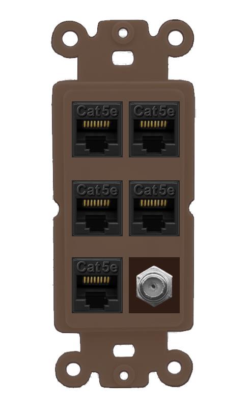 RiteAV 5 Port Cat5e Ethernet and 1 x Coax Wall Plate - Rocker [Brown/Brown]