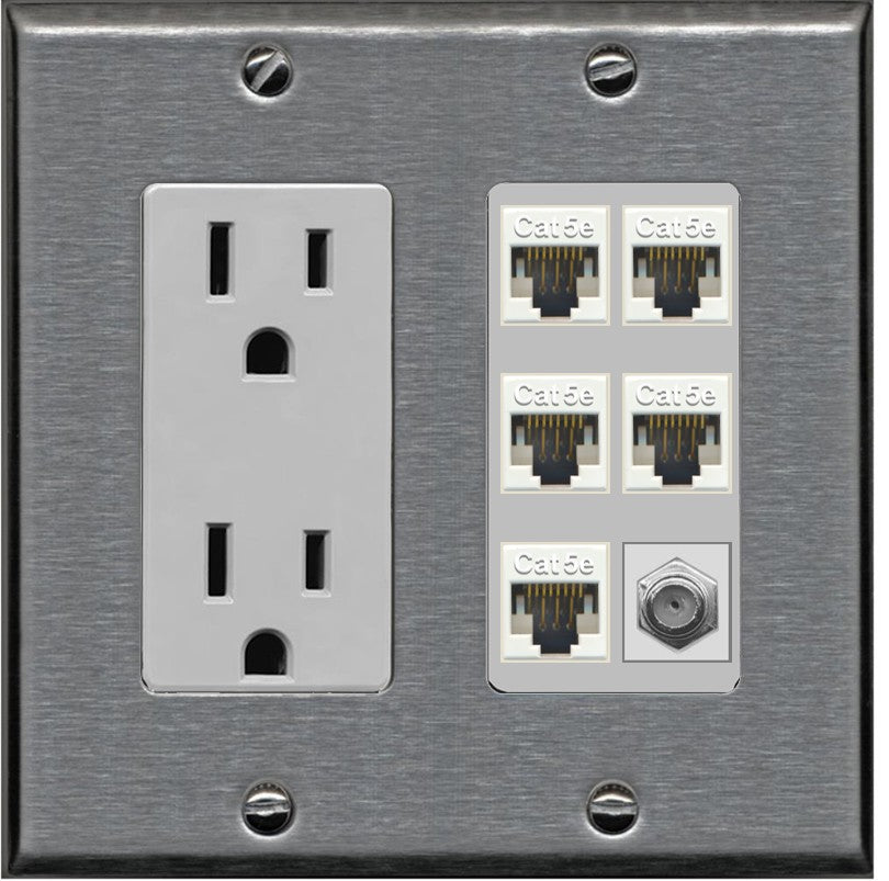 RiteAV 5 Port Cat5e Ethernet and 1 x Coax Wall Plate - Outlet [Stainless/Gray]