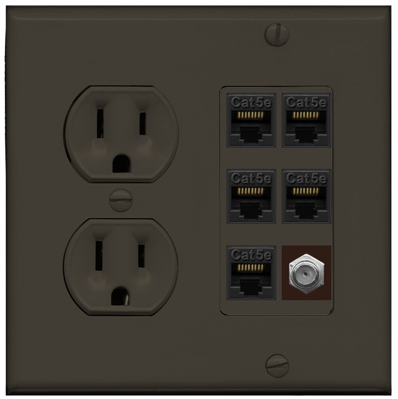 RiteAV 5 Port Cat5e Ethernet and 1 x Coax Wall Plate - Round Outlet [Brown/Brown]