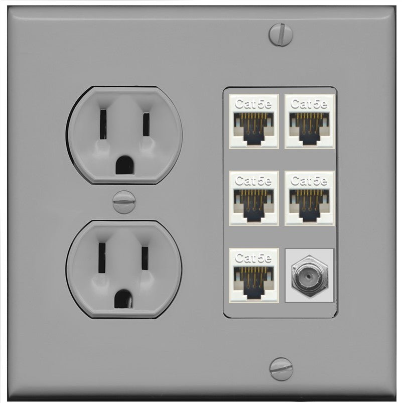 RiteAV 5 Port Cat5e Ethernet and 1 x Coax Wall Plate - Round Outlet [Gray/Gray]