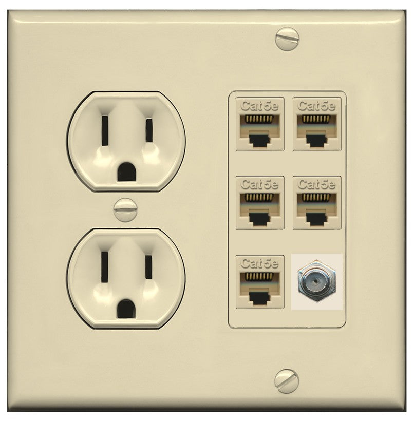 RiteAV 5 Port Cat5e Ethernet and 1 x Coax Wall Plate - Round Outlet [Ivory/Ivory]