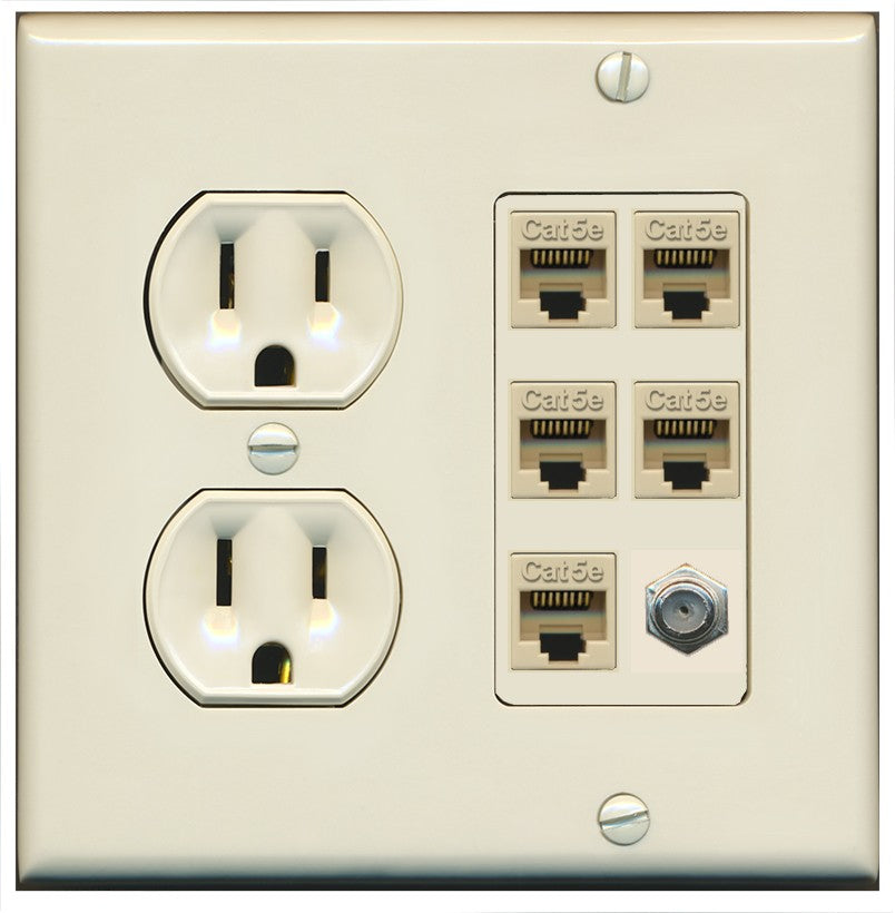 RiteAV 5 Port Cat5e Ethernet and 1 x Coax Wall Plate - Round Outlet [Light-Almond]
