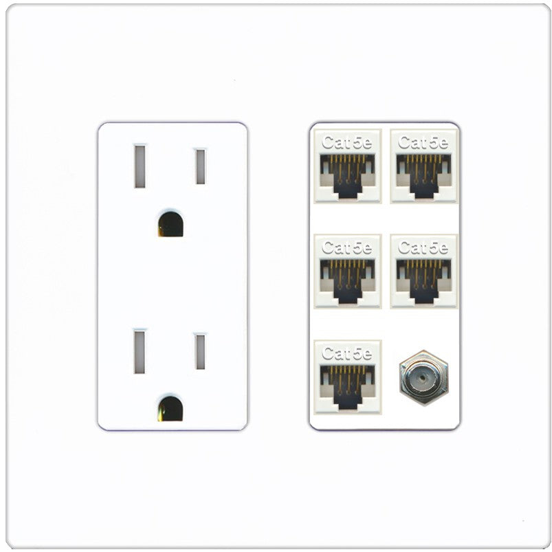 RiteAV 5 Port Cat5e Ethernet and 1 x Coax Wall Plate - Tamper-Resistant Outlet [Screwless White]