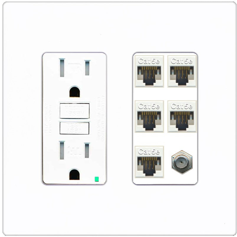 RiteAV 5 Port Cat5e Ethernet and 1 x Coax Wall Plate - GFCI Outlet [Screwless White]