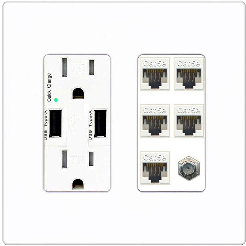 RiteAV 5 Port Cat5e Ethernet and 1 x Coax Wall Plate - USB Outlet [Screwless White]