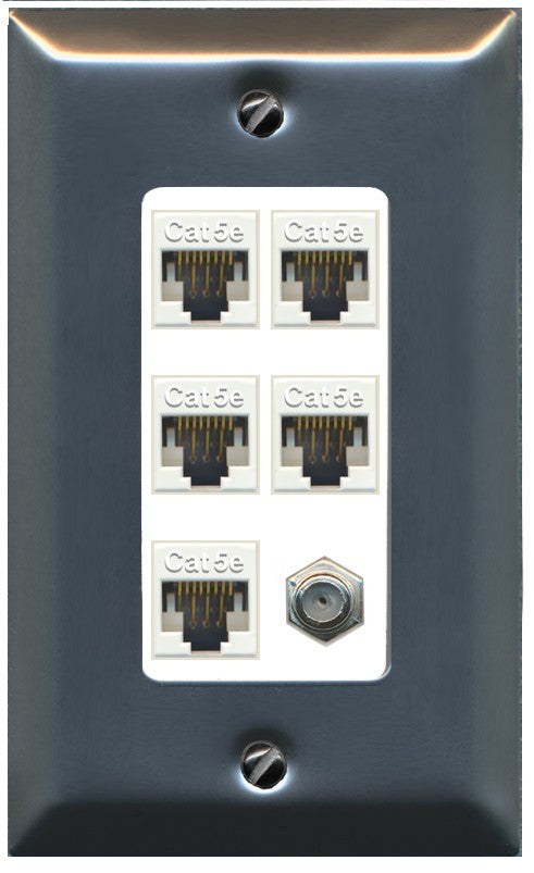 RiteAV 5 Port Cat5e Ethernet and 1 x Coax Wall Plate - 1 Gang Decorative [Stainless/White]