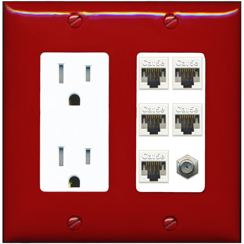RiteAV 5 Port Cat5e Ethernet and 1 x Coax Wall Plate - Tamper-Resistant Outlet [Red/White]