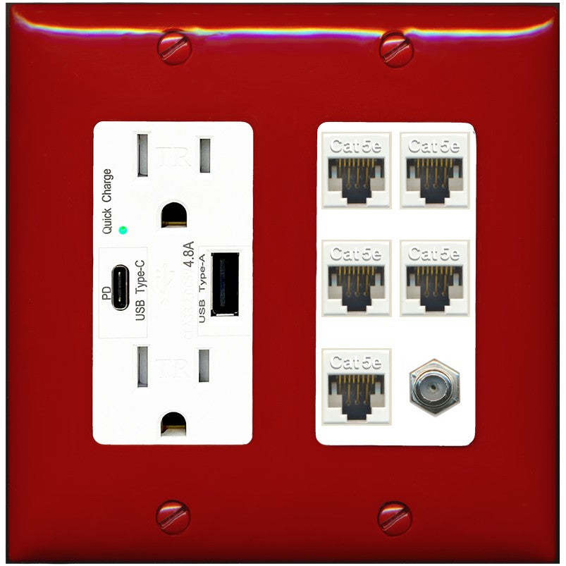 RiteAV 5 Port Cat5e Ethernet and 1 x Coax Wall Plate - USB A+C Outlet [Red/White]
