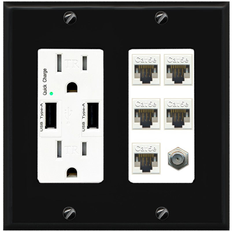 RiteAV 5 Port Cat5e Ethernet and 1 x Coax Wall Plate - USB Outlet [Black/White]