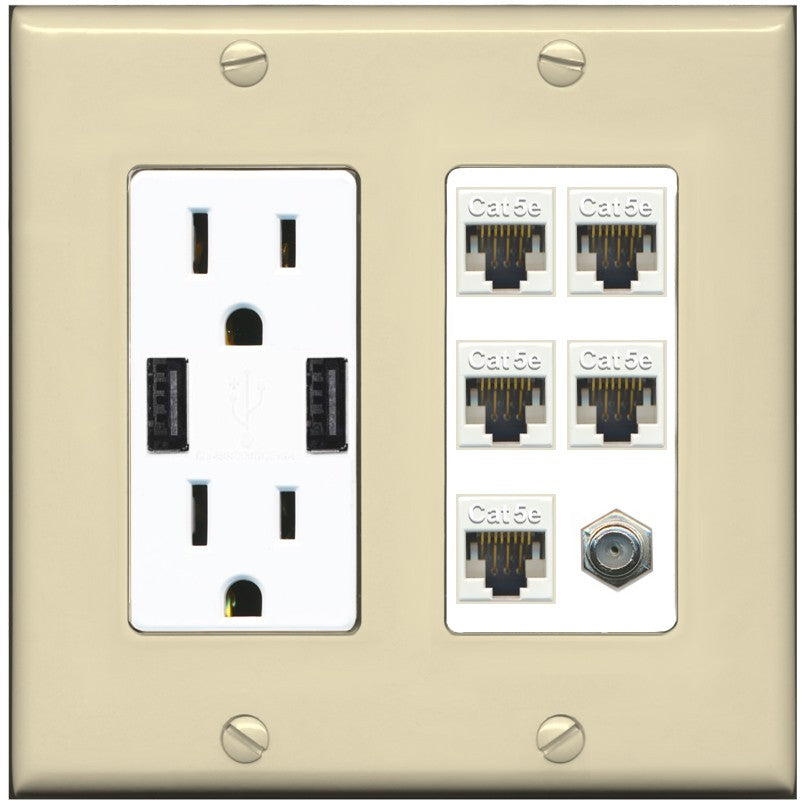 RiteAV 5 Port Cat5e Ethernet and 1 x Coax Wall Plate - USB Outlet [Ivory/White]