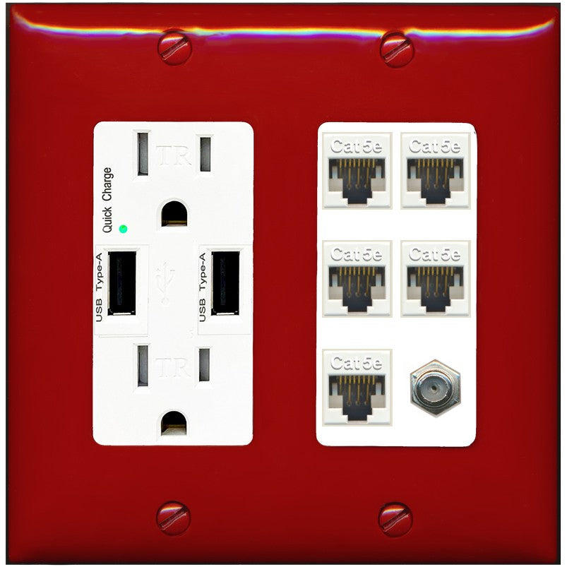 RiteAV 5 Port Cat5e Ethernet and 1 x Coax Wall Plate - USB Outlet [Red/White]