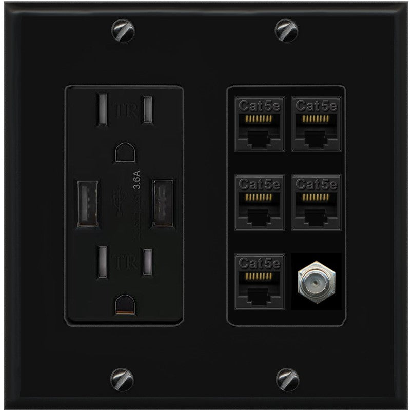 RiteAV 5 Port Cat5e Ethernet and 1 x Coax Wall Plate - USB Outlet [Black/Black]