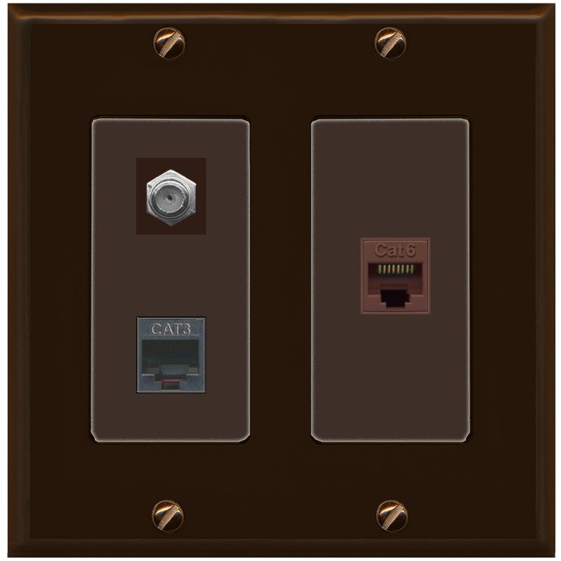 RiteAV 1 Port CAT6 Ethernet Coax Phone Wall Plate - 2 Gang [Brown/Brown]