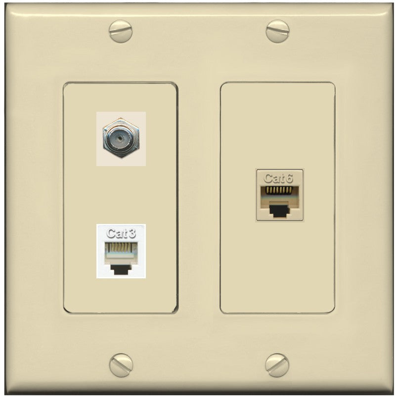 RiteAV 1 Port CAT6 Ethernet Coax Phone Wall Plate - 2 Gang [Ivory/Ivory]