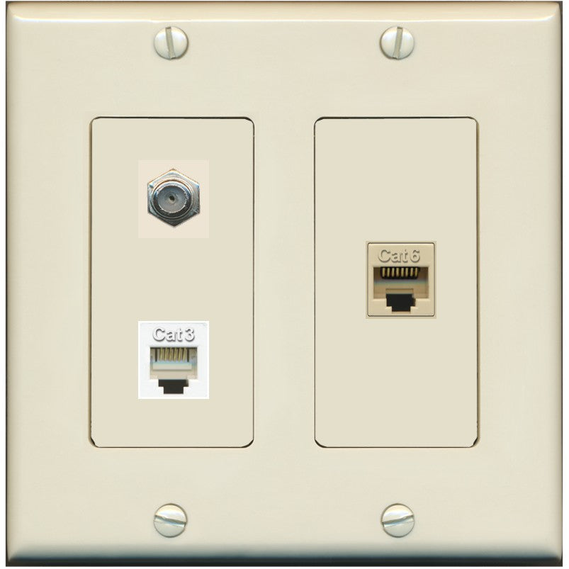 RiteAV 1 Port CAT6 Ethernet Coax Phone Wall Plate - 2 Gang [Light-Almond]
