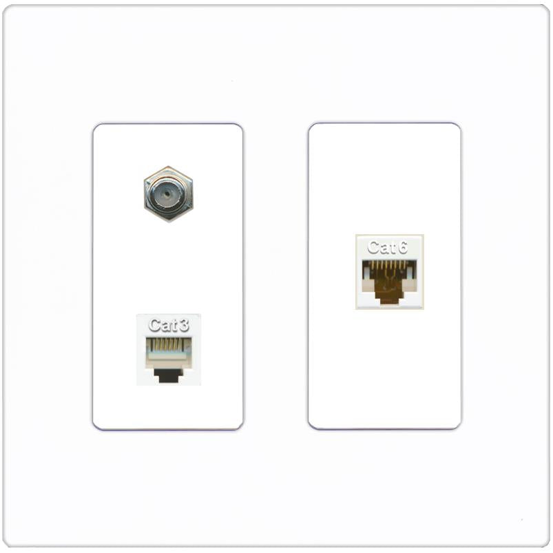 RiteAV 1 Port CAT6 Ethernet COAX PHONE Wall Plate - 2 Gang [Screwless White]