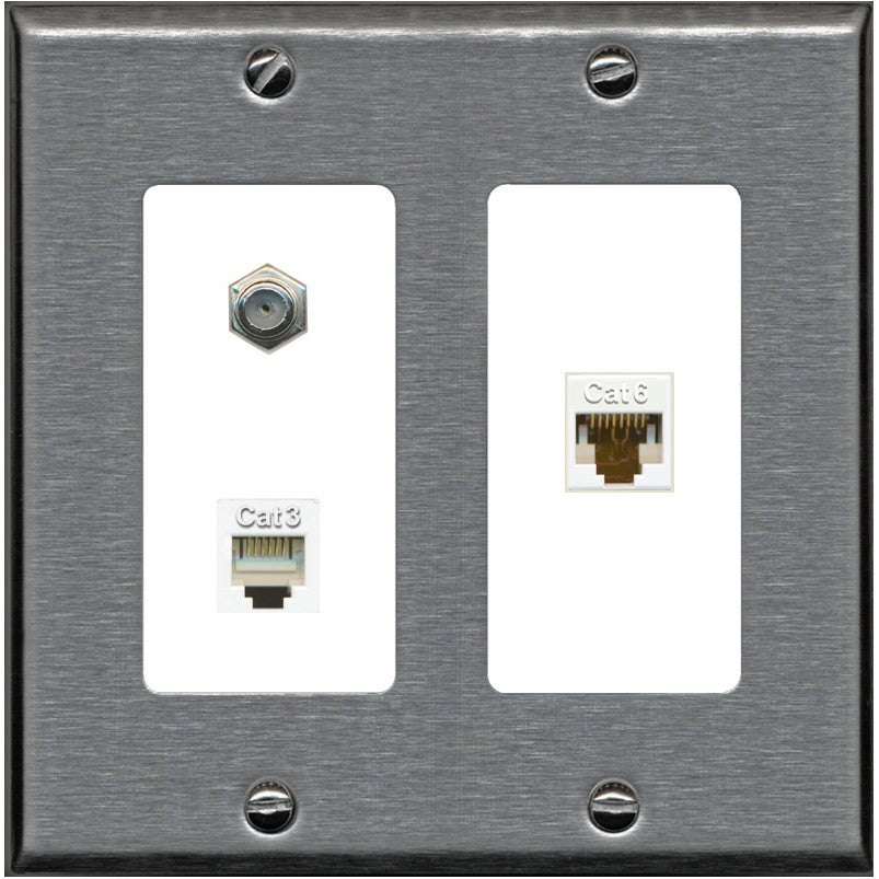 RiteAV 1 Port CAT6 Ethernet Coax Phone Wall Plate - 2 Gang [Stainless/White]