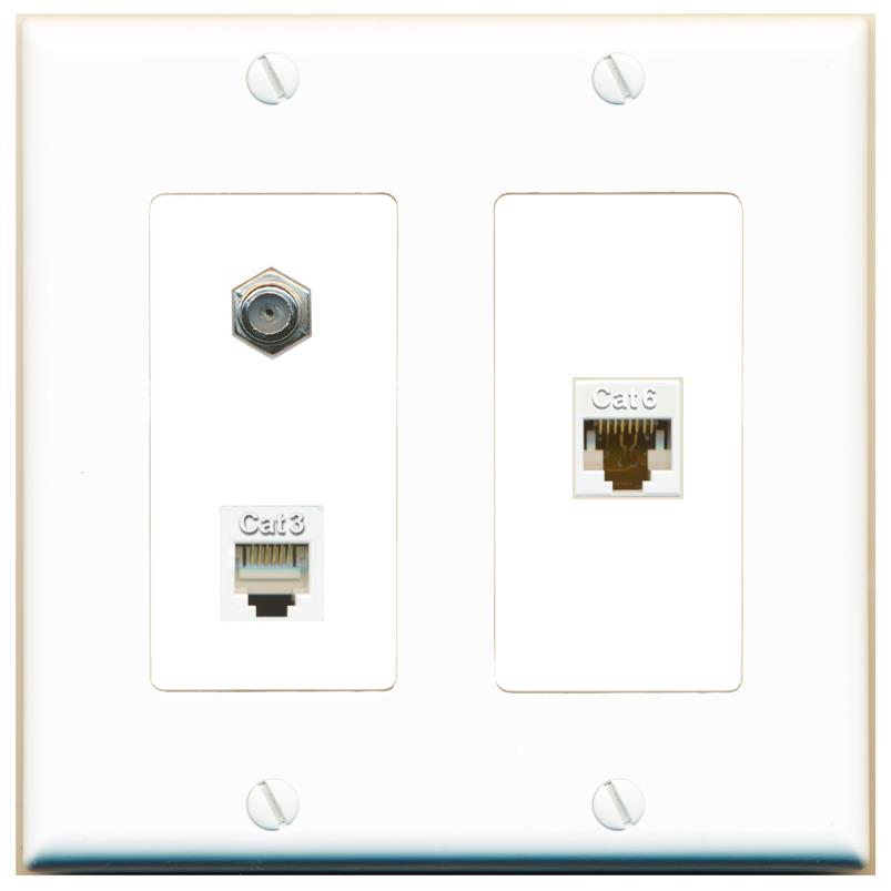 RiteAV 1 Port CAT6 Ethernet COAX PHONE Wall Plate - 2 Gang [White]
