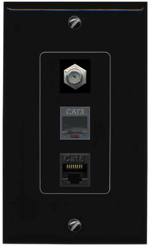 RiteAV 1 Port CAT6 Ethernet COAX PHONE Wall Plate - 1 Gang [Black/Black]