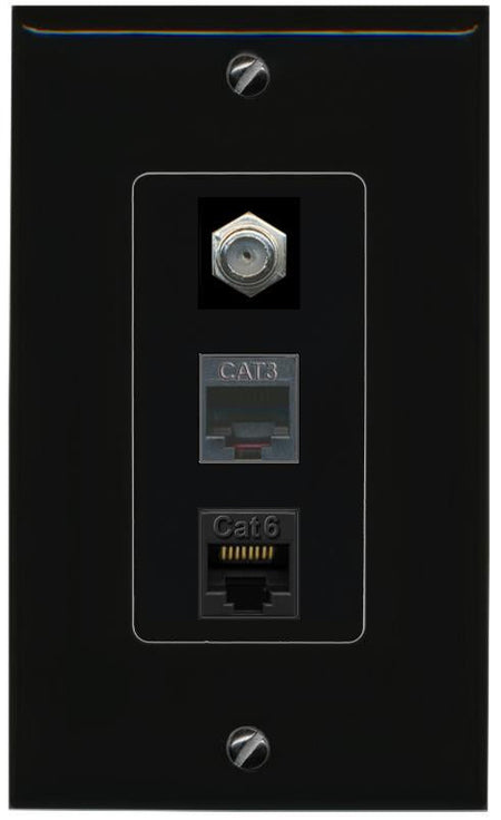 RiteAV 1 Port CAT6 Ethernet COAX PHONE Wall Plate - 1 Gang [Black/Black]