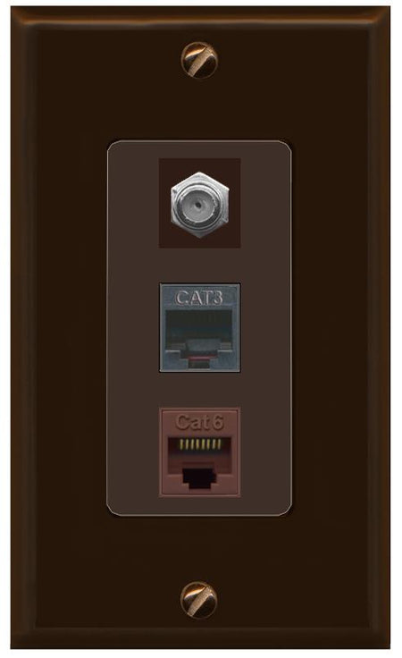RiteAV 1 Port CAT6 Ethernet COAX PHONE Wall Plate - 1 Gang [Brown/Brown]