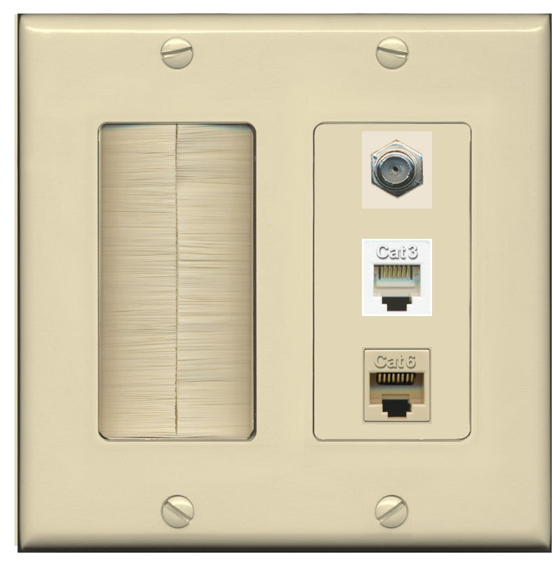 RiteAV 1 Port CAT6 Ethernet Coax Phone Wall Plate - Brush [Ivory/Ivory]