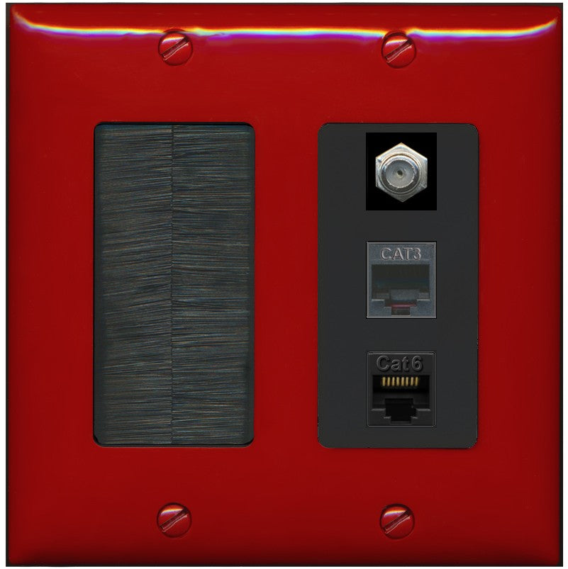 RiteAV 1 Port CAT6 Ethernet Coax Phone Wall Plate - Brush [Red/Black]