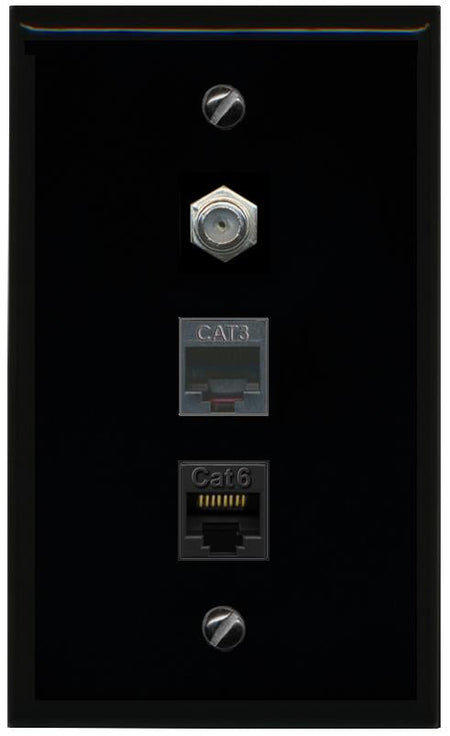 RiteAV 1 Port CAT6 Ethernet COAX PHONE Wall Plate - Flat [Black/Black]