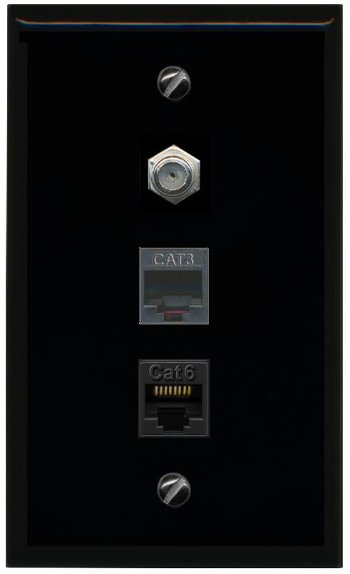 RiteAV 1 Port CAT6 Ethernet COAX PHONE Wall Plate - Flat [Black/Black]