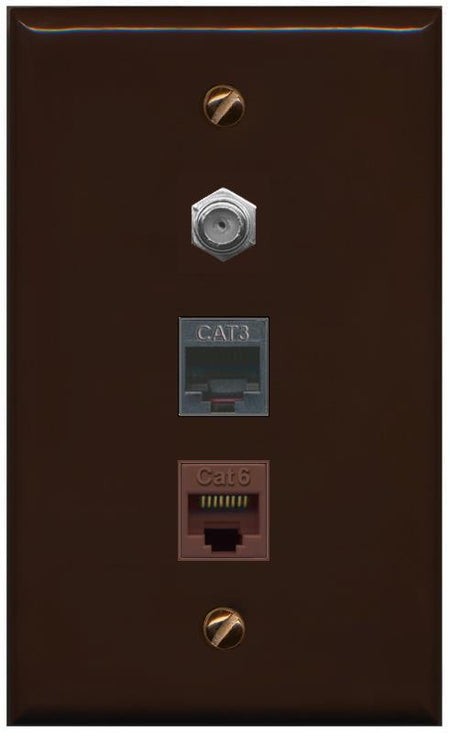 RiteAV 1 Port CAT6 Ethernet COAX PHONE Wall Plate - Flat [Brown/Brown]