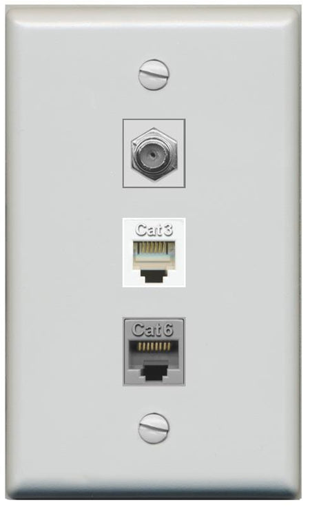 RiteAV 1 Port CAT6 Ethernet COAX PHONE Wall Plate - Flat [Gray/Gray]