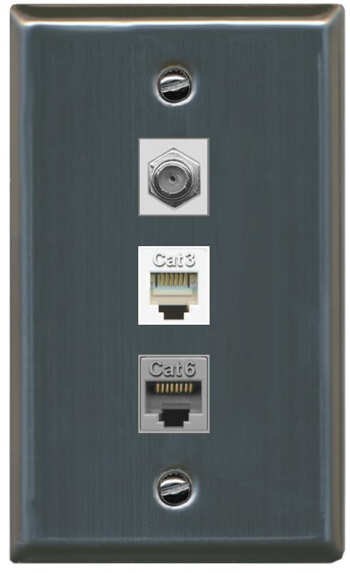 RiteAV 1 Port CAT6 Ethernet COAX PHONE Wall Plate - Flat [Stainless Steel]