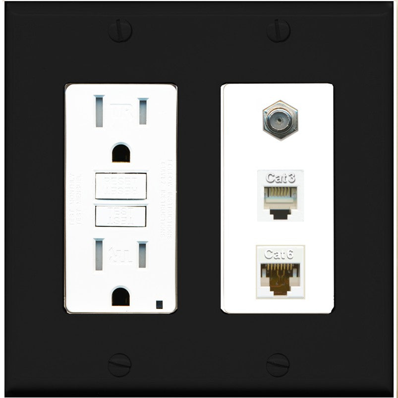 RiteAV 1 Port CAT6 Ethernet Coax Phone Wall Plate - GFCI Outlet [Black/White]