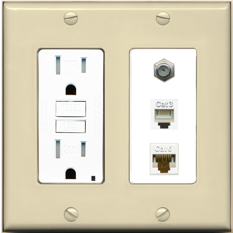 RiteAV 1 Port CAT6 Ethernet Coax Phone Wall Plate - GFCI Outlet [Ivory/White]