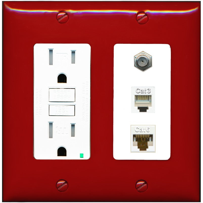 RiteAV 1 Port CAT6 Ethernet Coax Phone Wall Plate - GFCI Outlet [Red/White]
