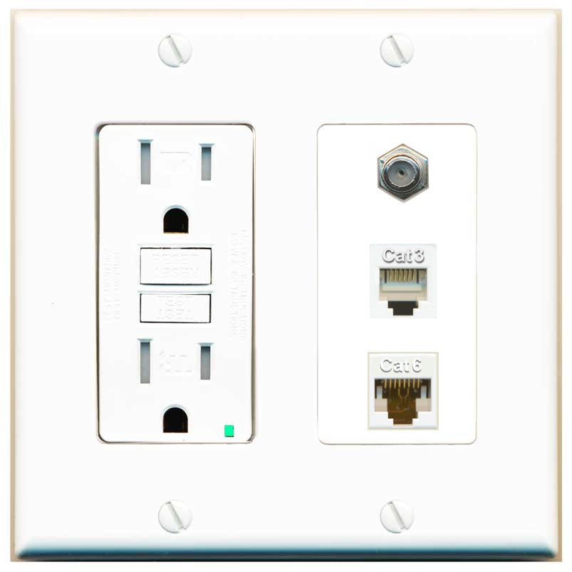 RiteAV 1 Port CAT6 Ethernet Coax Phone Wall Plate - GFCI Outlet [White]