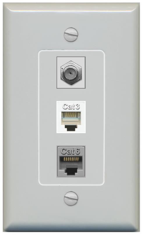 RiteAV 1 Port CAT6 Ethernet COAX PHONE Wall Plate - 1 Gang [Gray/Gray]