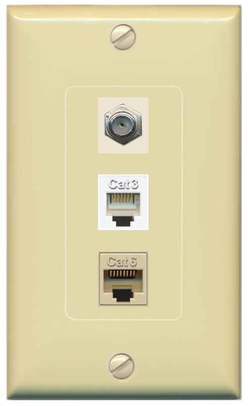 RiteAV 1 Port CAT6 Ethernet COAX PHONE Wall Plate - 1 Gang [Ivory/Ivory]