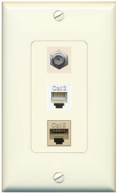 RiteAV 1 Port CAT6 Ethernet COAX PHONE Wall Plate - 1 Gang [Light-Almond]