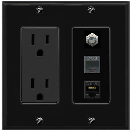 RiteAV 1 Port CAT6 Ethernet COAX PHONE Wall Plate - Outlet [Black/Black]
