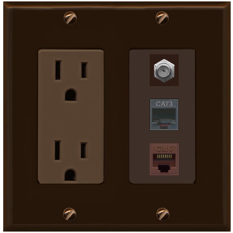 RiteAV 1 Port CAT6 Ethernet COAX PHONE Wall Plate - Outlet [Brown/Brown]