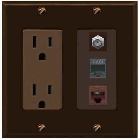 RiteAV 1 Port CAT6 Ethernet COAX PHONE Wall Plate - Outlet [Brown/Brown]